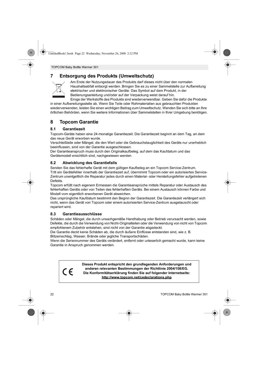 Topcom 301 Entsorgung des Produkts Umweltschutz, Topcom Garantie, Garantiezeit, Abwicklung des Garantiefalls 