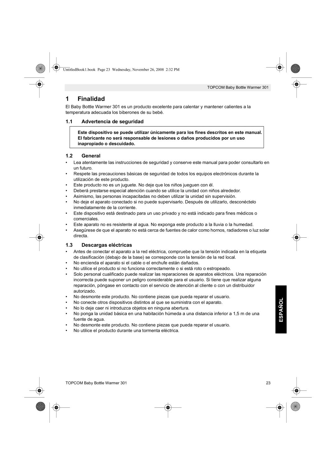 Topcom 301 manual do utilizador Finalidad, Advertencia de seguridad, Descargas eléctricas, Español 