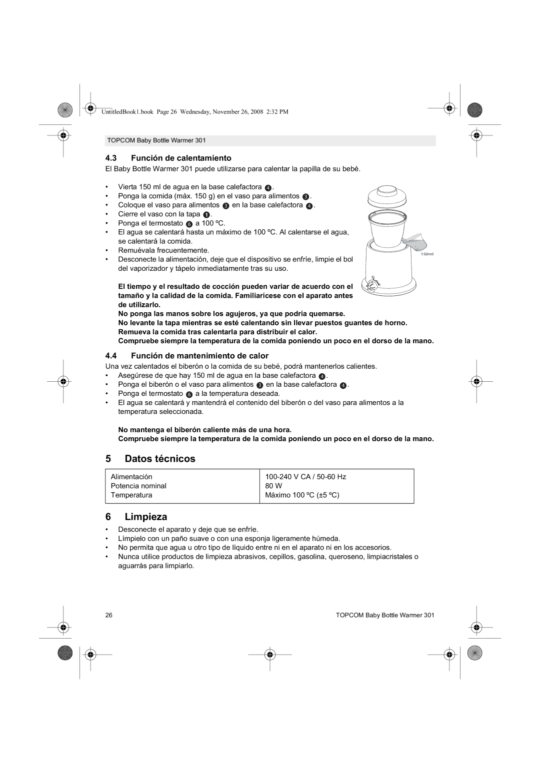 Topcom 301 manual do utilizador Datos técnicos, Limpieza, Función de calentamiento, Función de mantenimiento de calor 