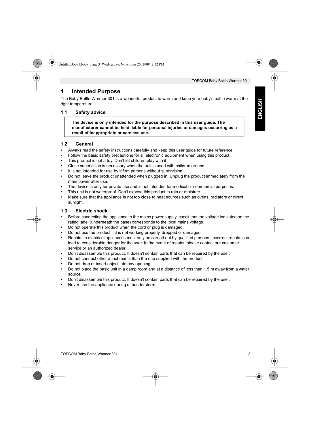 Topcom 301 manual do utilizador Intended Purpose, Safety advice, General, Electric shock, English 