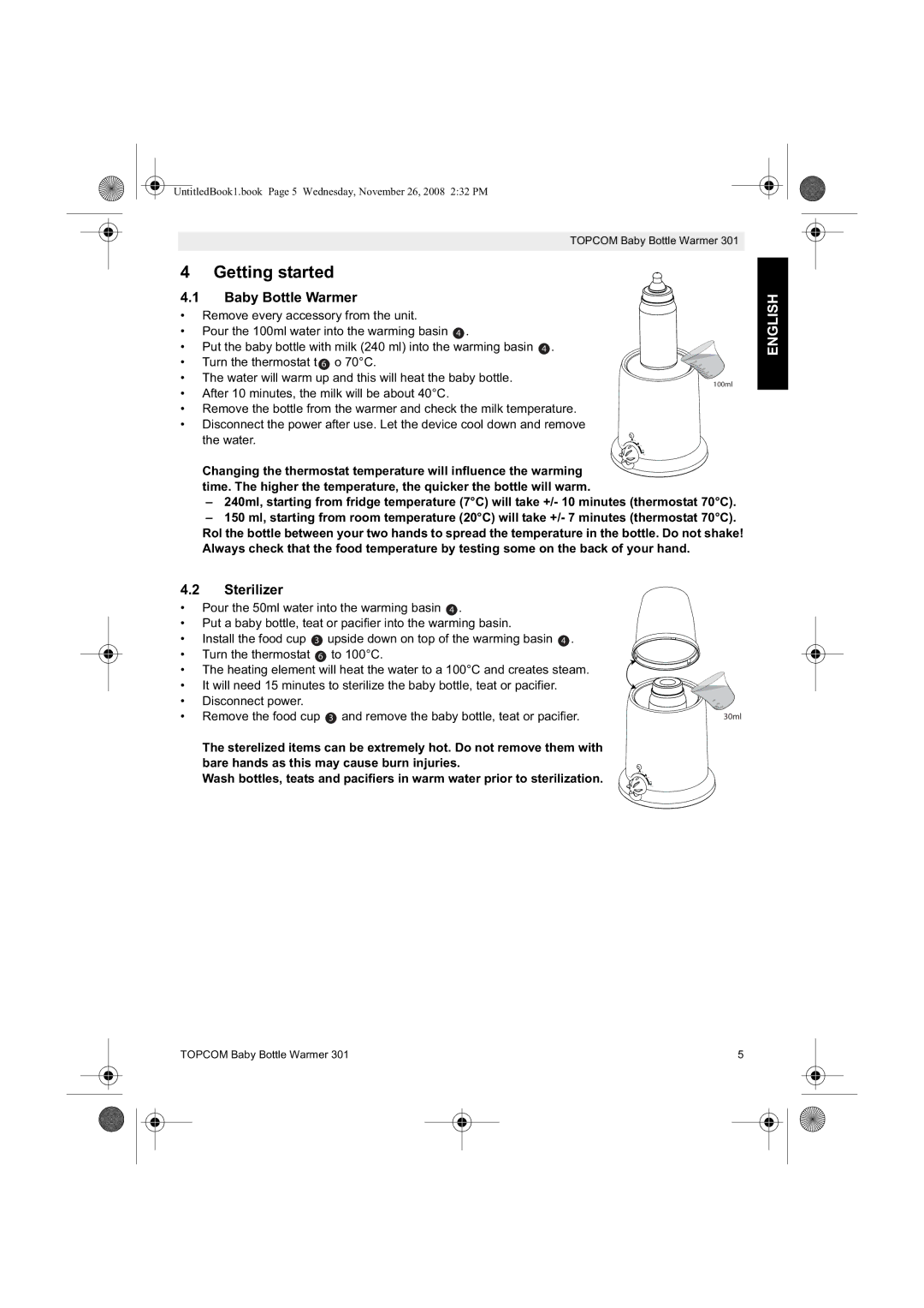 Topcom 301 manual do utilizador Getting started, Baby Bottle Warmer, Sterilizer 