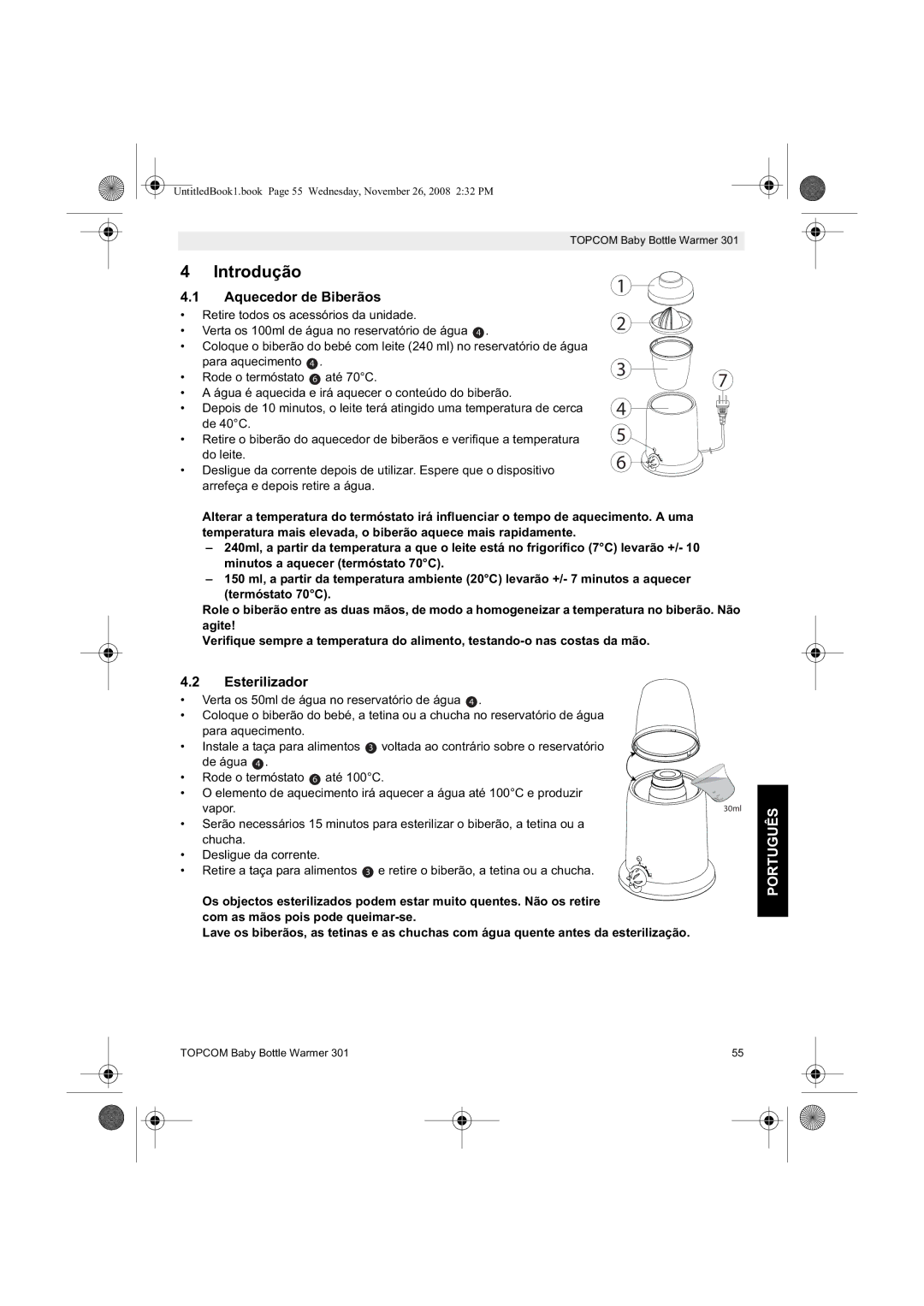 Topcom 301 manual do utilizador Introdução, Aquecedor de Biberãos 