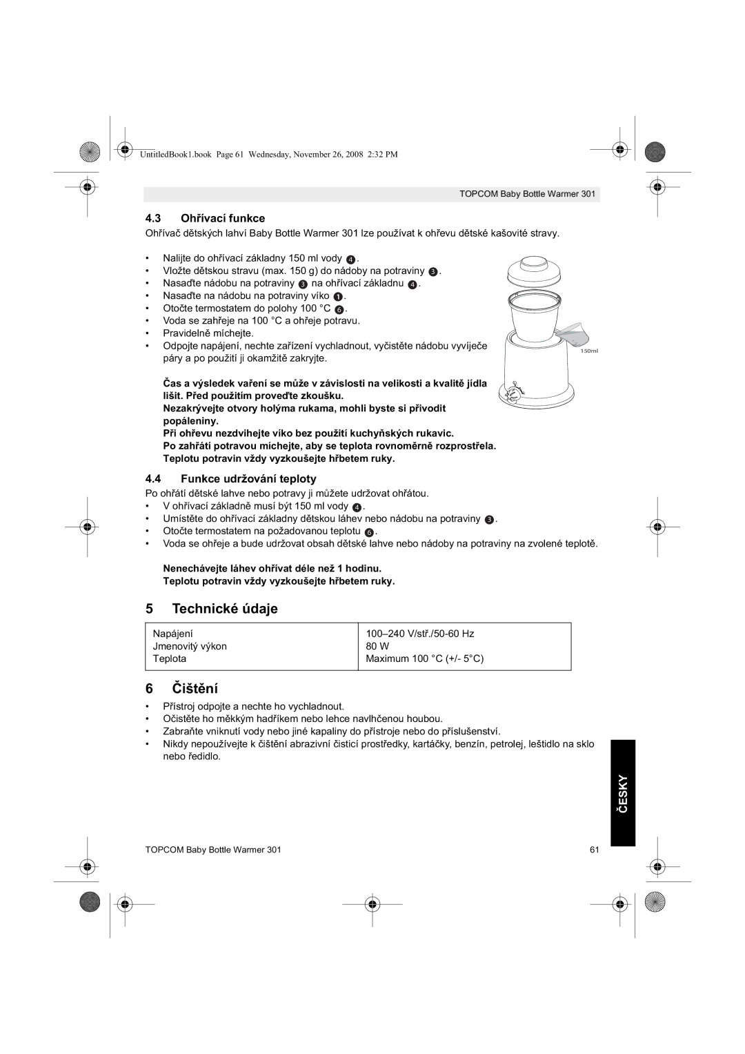 Topcom 301 manual do utilizador Technické údaje, 6ištní, Ohí funkce, Funkce udržování teploty 