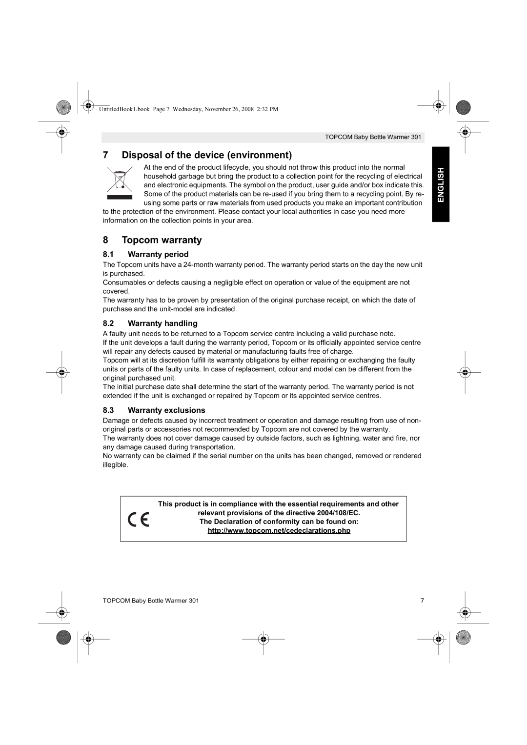 Topcom 301 Disposal of the device environment, Topcom warranty, Warranty period, Warranty handling, Warranty exclusions 