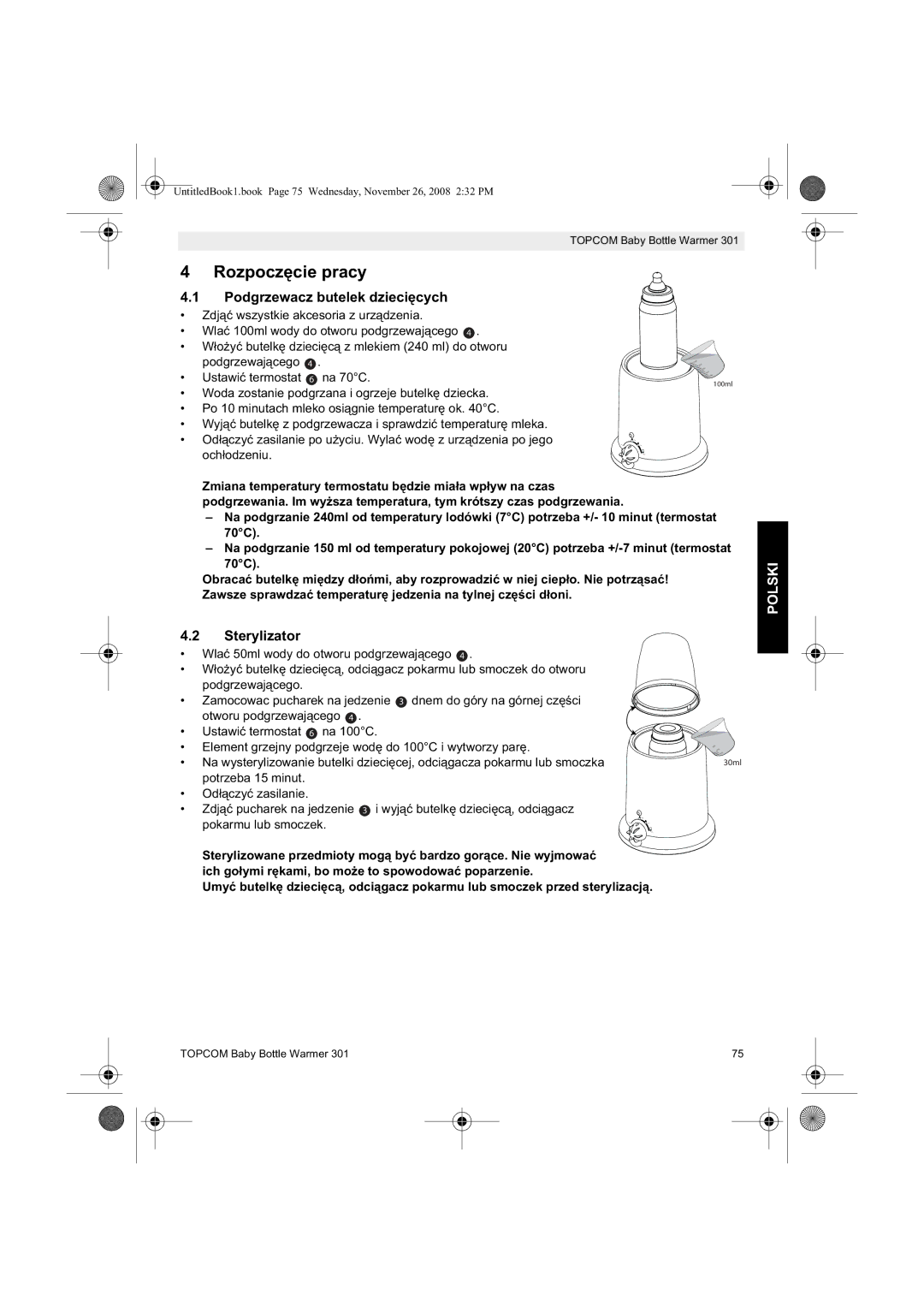 Topcom 301 manual do utilizador Rozpoczracy, Podgrzewacz butelek dziecich, Sterylizator, Umy 