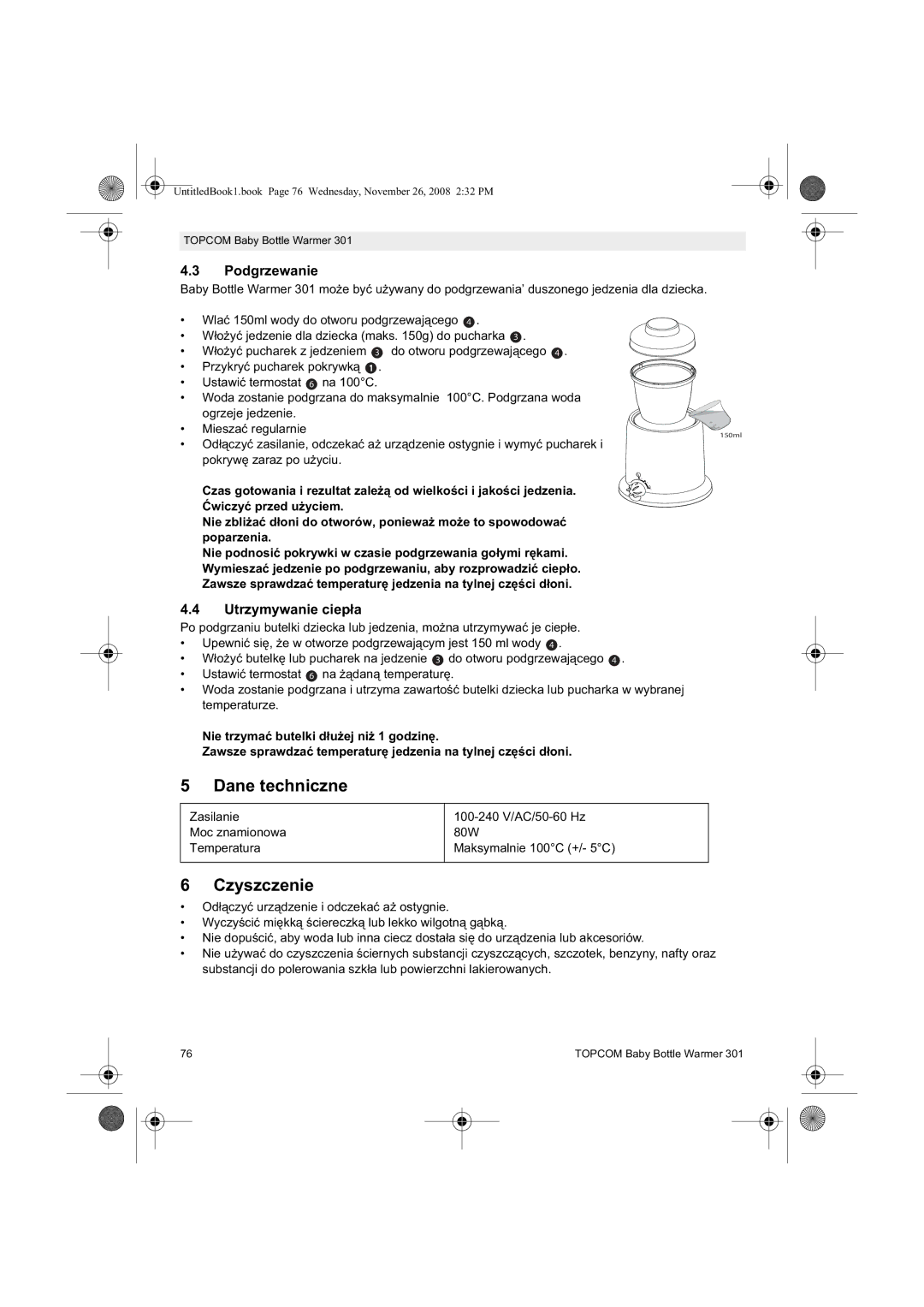 Topcom 301 manual do utilizador Dane techniczne, Czyszczenie, Podgrzewanie, Utrzymywanie ciep 