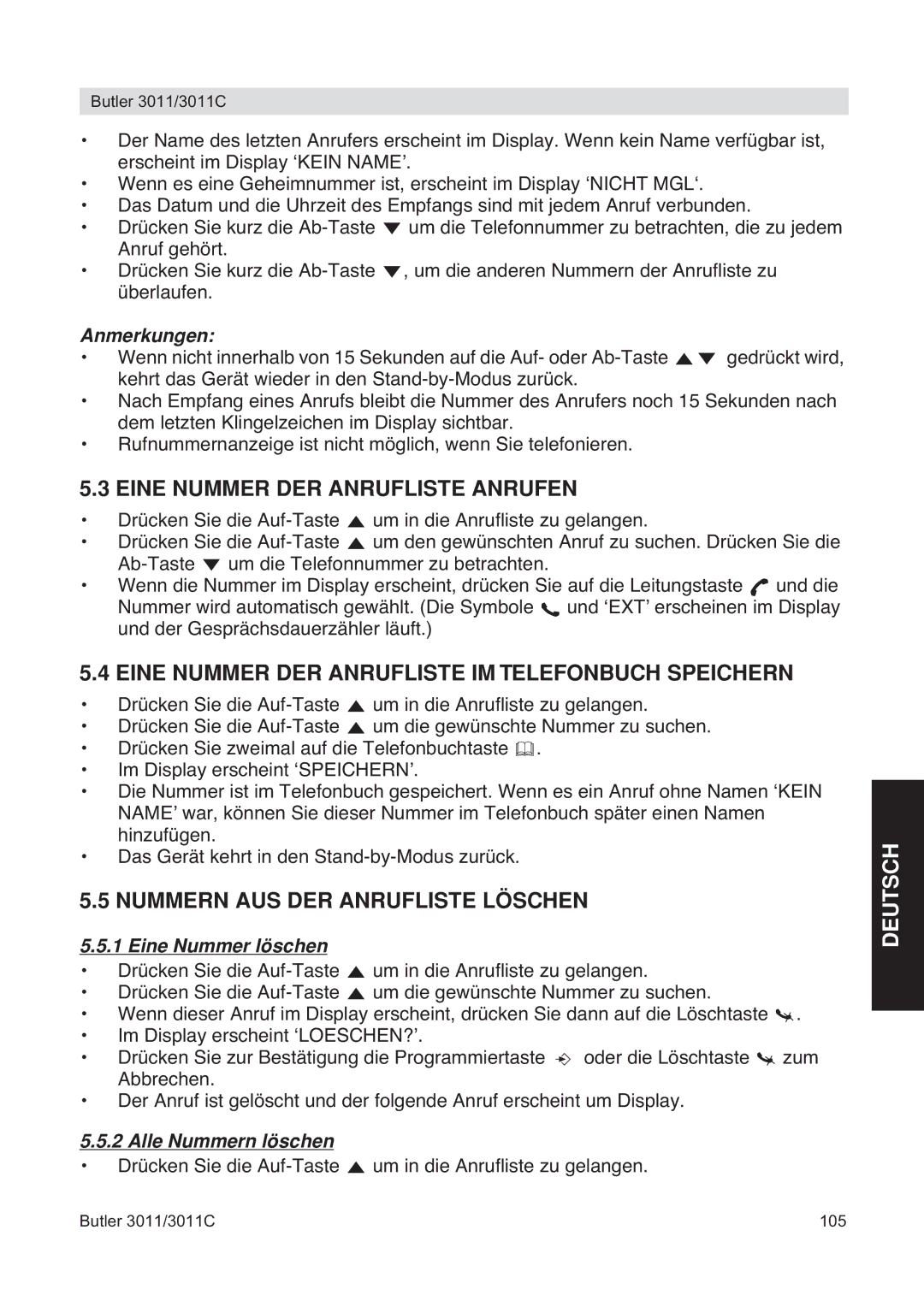 Topcom 3011 Eine Nummer DER Anrufliste Anrufen, Eine Nummer DER Anrufliste IM Telefonbuch Speichern, Eine Nummer löschen 