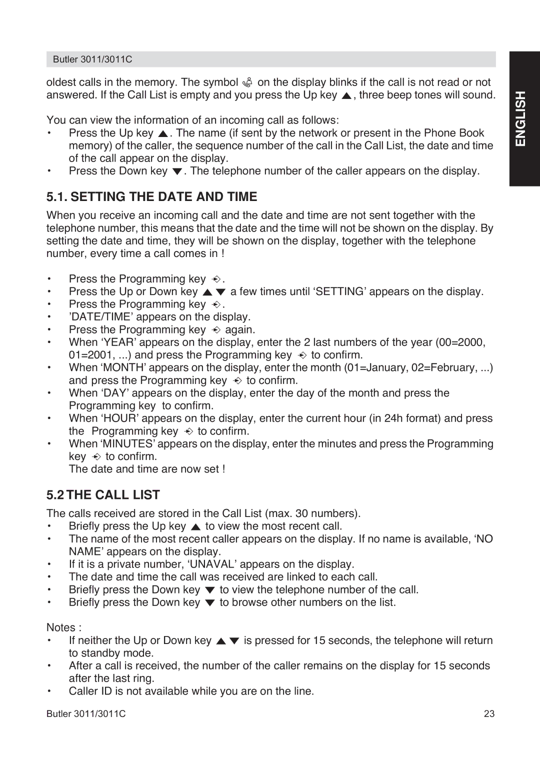 Topcom 3011 manual Setting the Date and Time, Call List 