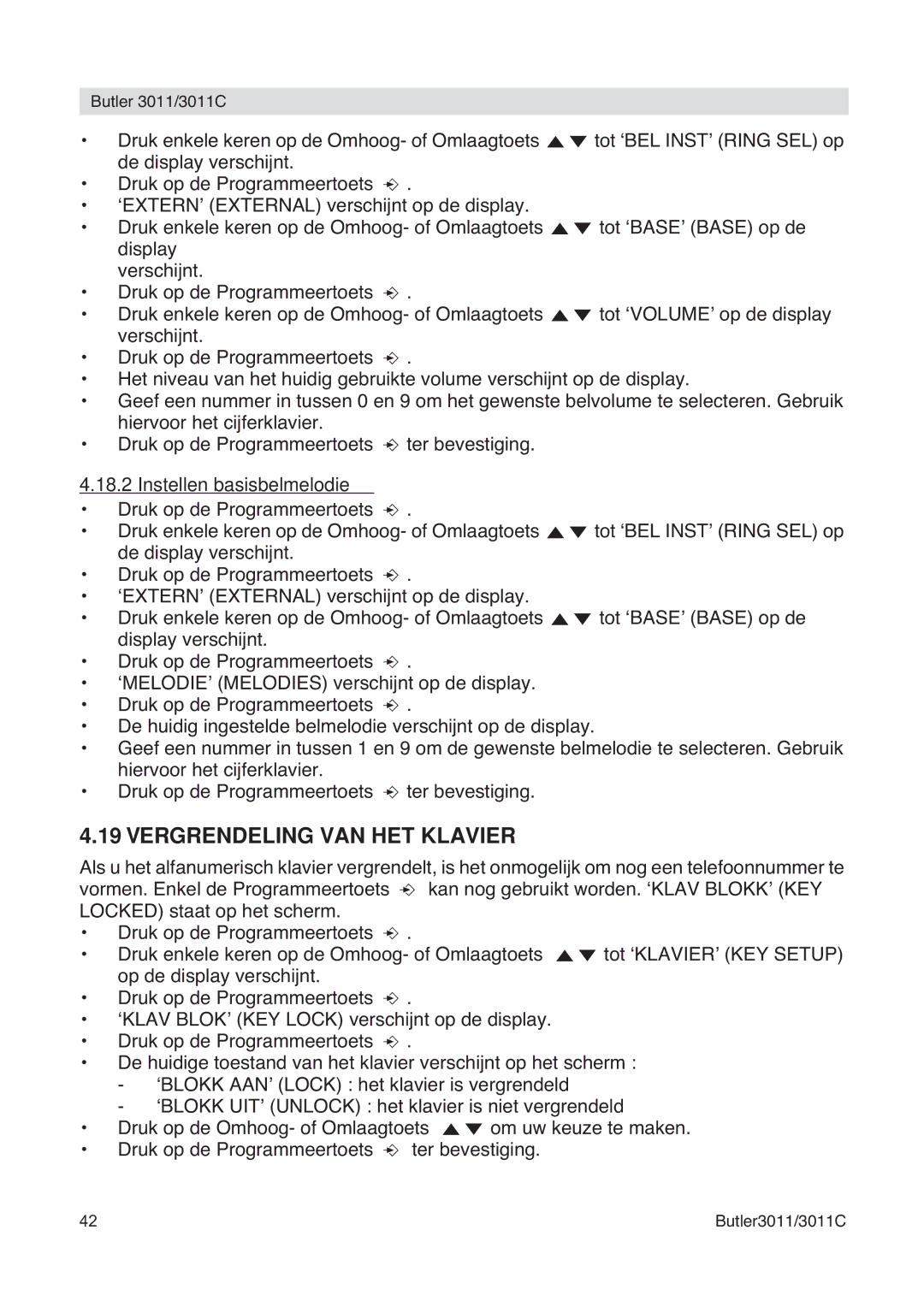 Topcom 3011 manual Vergrendeling VAN HET Klavier, Instellen basisbelmelodie 