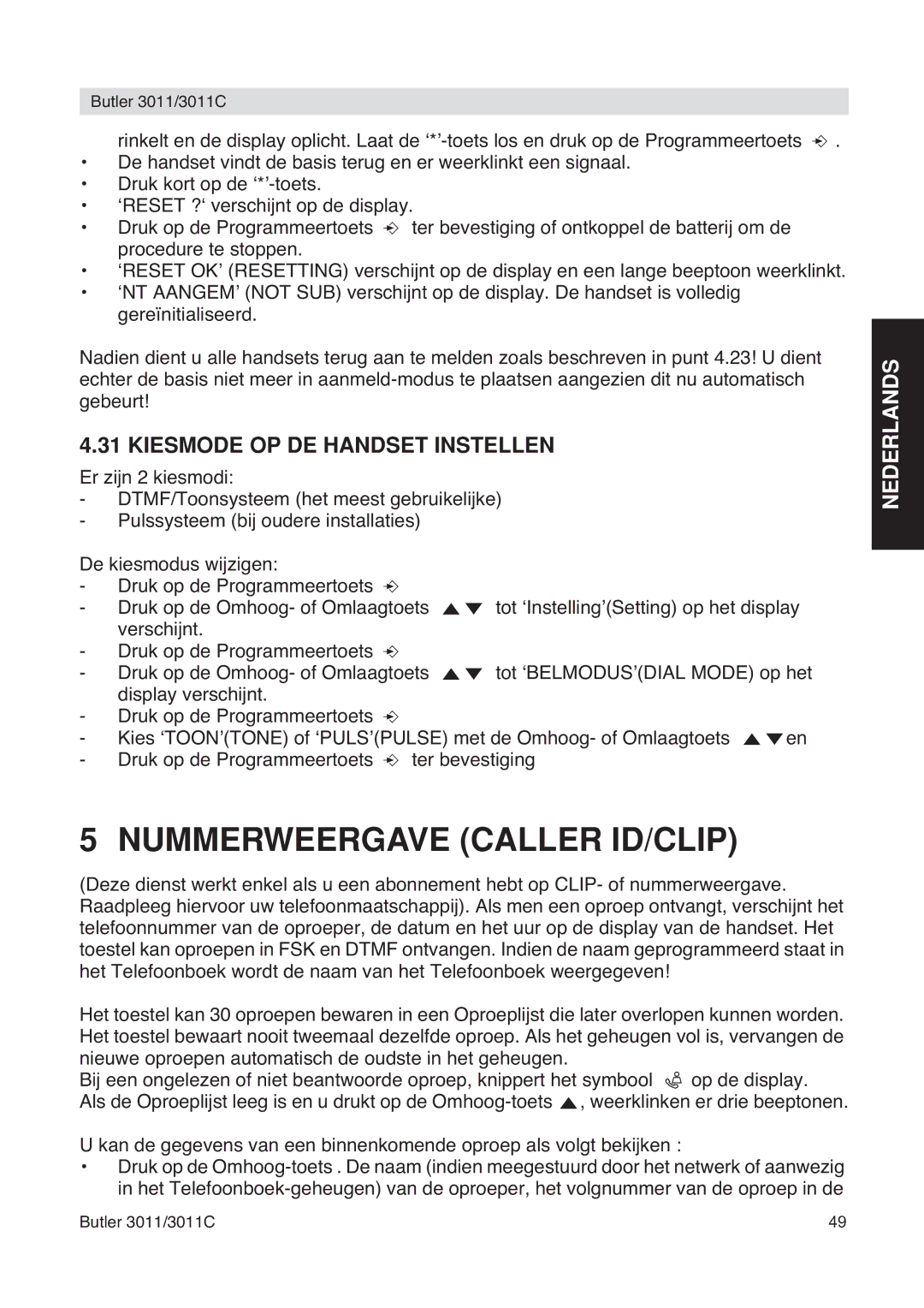 Topcom 3011 manual Nummerweergave Caller ID/CLIP, Kiesmode OP DE Handset Instellen 