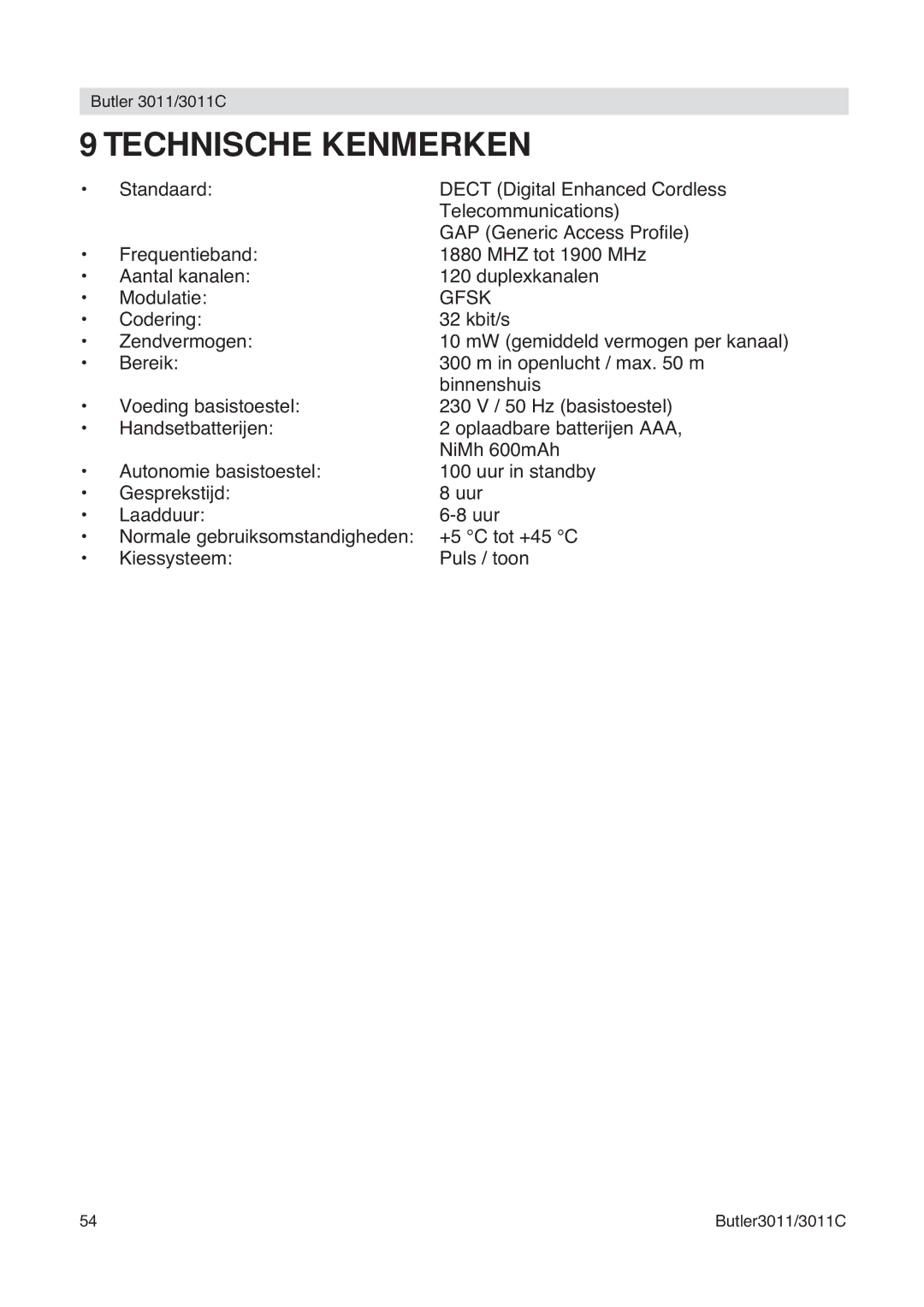 Topcom 3011 manual Technische Kenmerken 