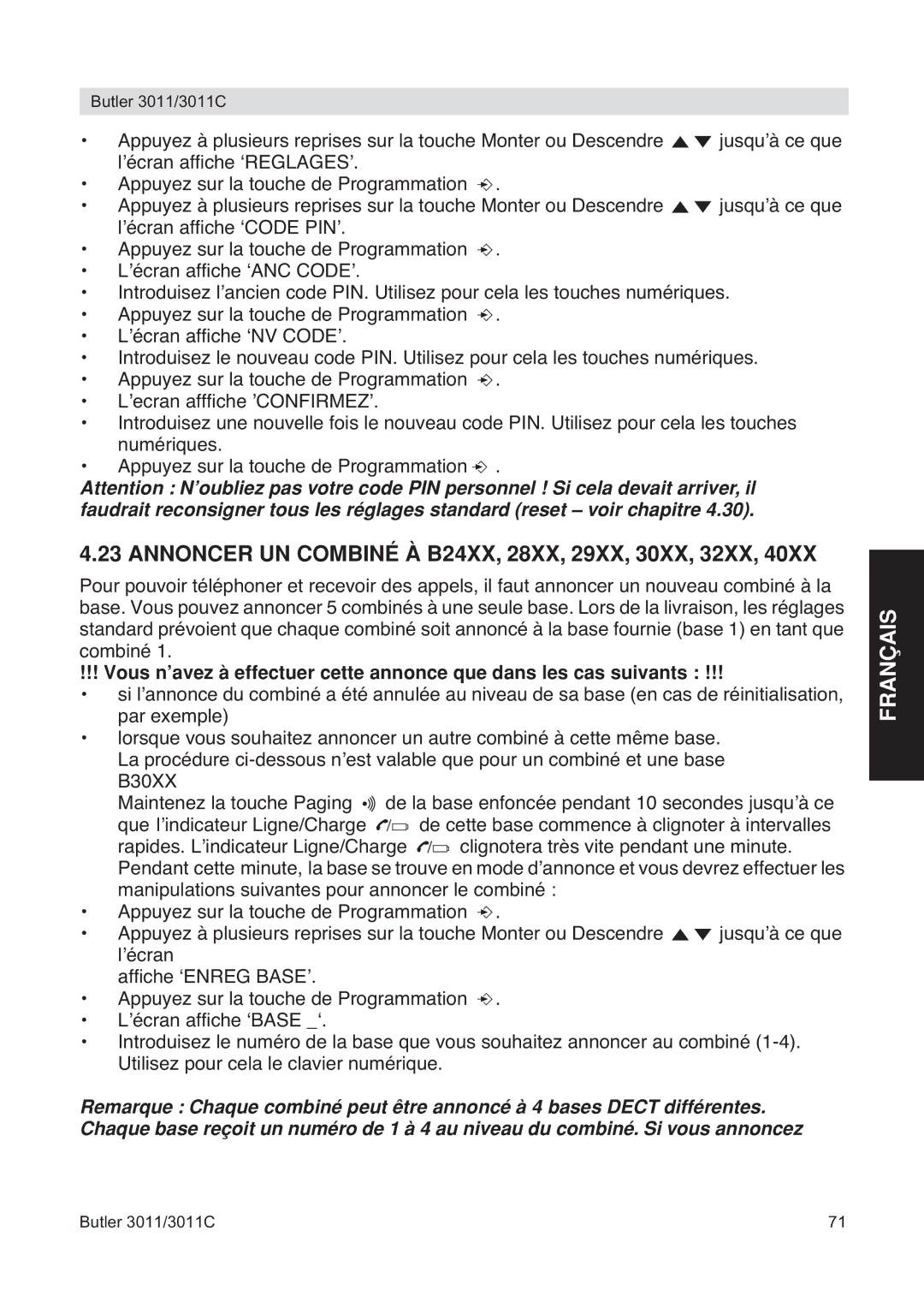 Topcom 3011 manual Annoncer UN Combiné À B24XX, 28XX, 29XX, 30XX, 32XX 