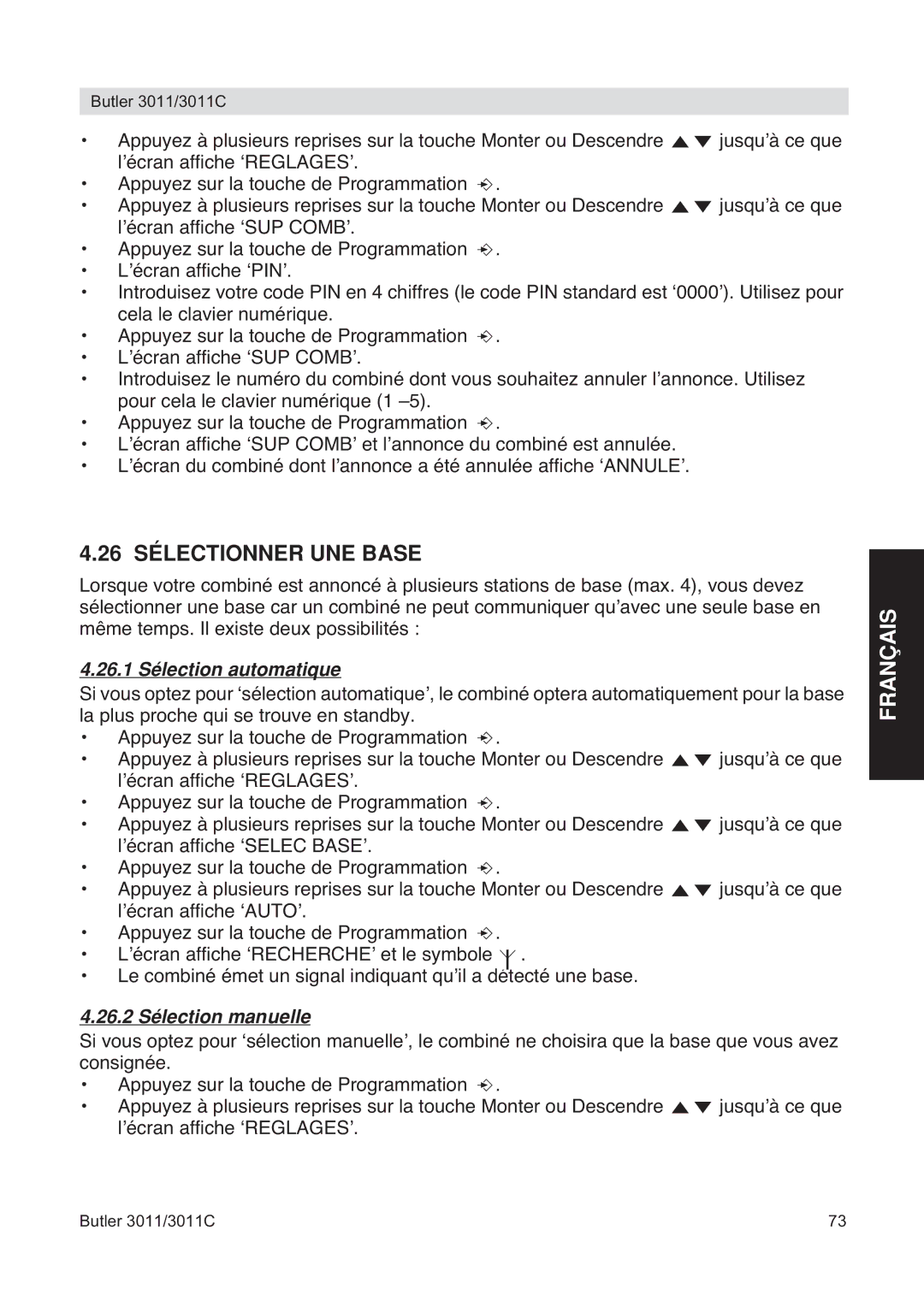 Topcom 3011 manual 26 Sélectionner UNE Base, 26.1 Sélection automatique, 26.2 Sélection manuelle 