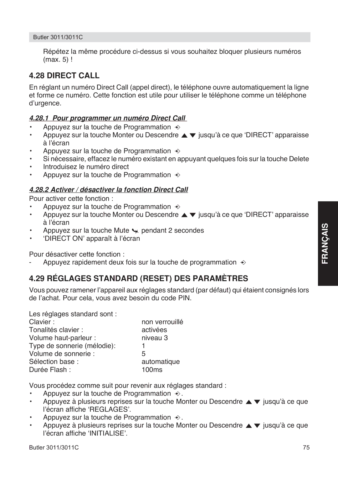 Topcom 3011 manual 29 Réglages Standard Reset DES Paramètres, Pour programmer un numéro Direct Call 