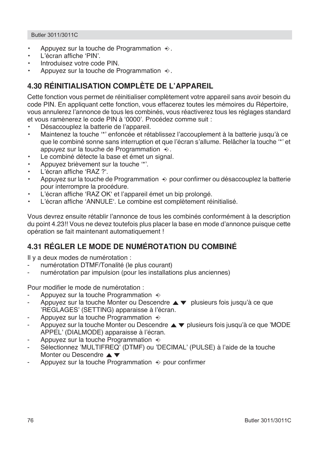 Topcom 3011 manual 30 Réinitialisation Complète DE L’APPAREIL, 31 Régler LE Mode DE Numérotation DU Combiné 