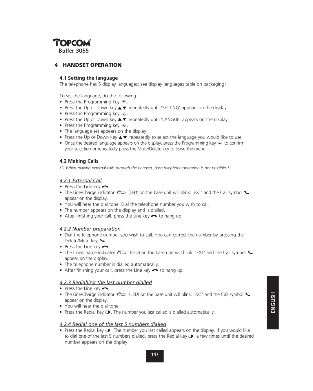 Topcom 3055 manual Handset Operation, Setting the language, Making Calls 