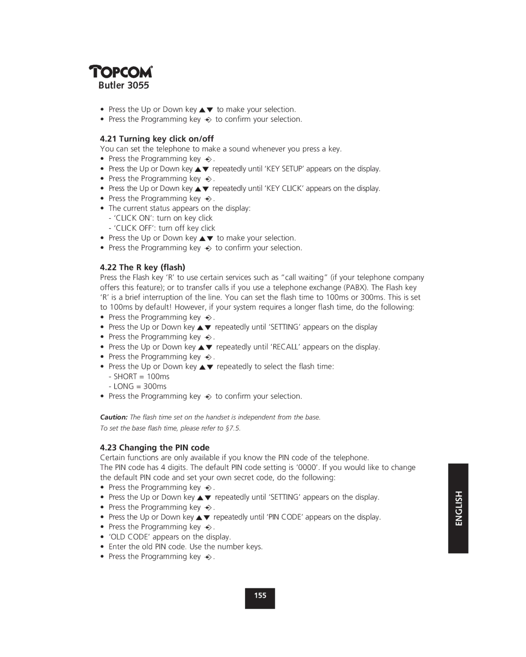 Topcom 3055 manual Turning key click on/off, R key ﬂash, Changing the PIN code 