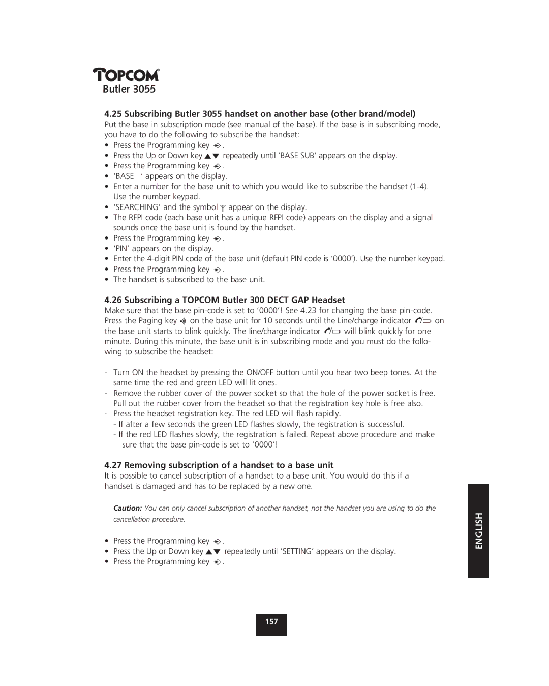 Topcom 3055 manual Subscribing a Topcom Butler 300 Dect GAP Headset, Removing subscription of a handset to a base unit 