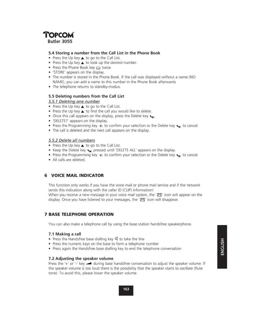 Topcom 3055 manual Voice Mail Indicator, Base Telephone Operation 