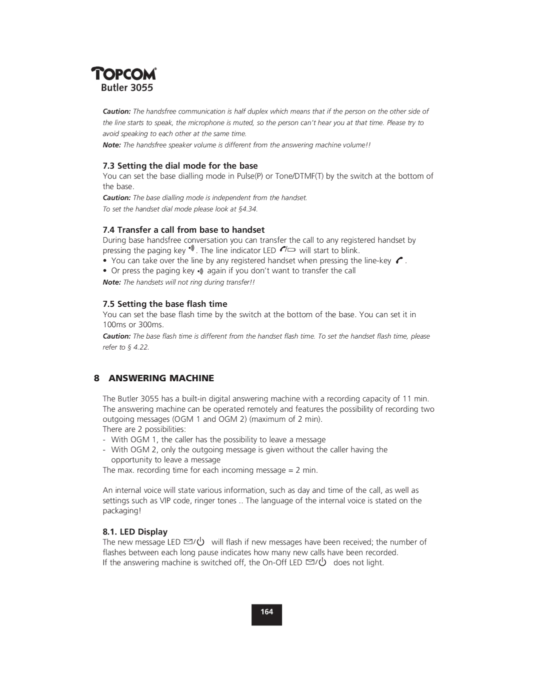 Topcom 3055 manual Answering Machine, Setting the dial mode for the base, Transfer a call from base to handset, LED Display 