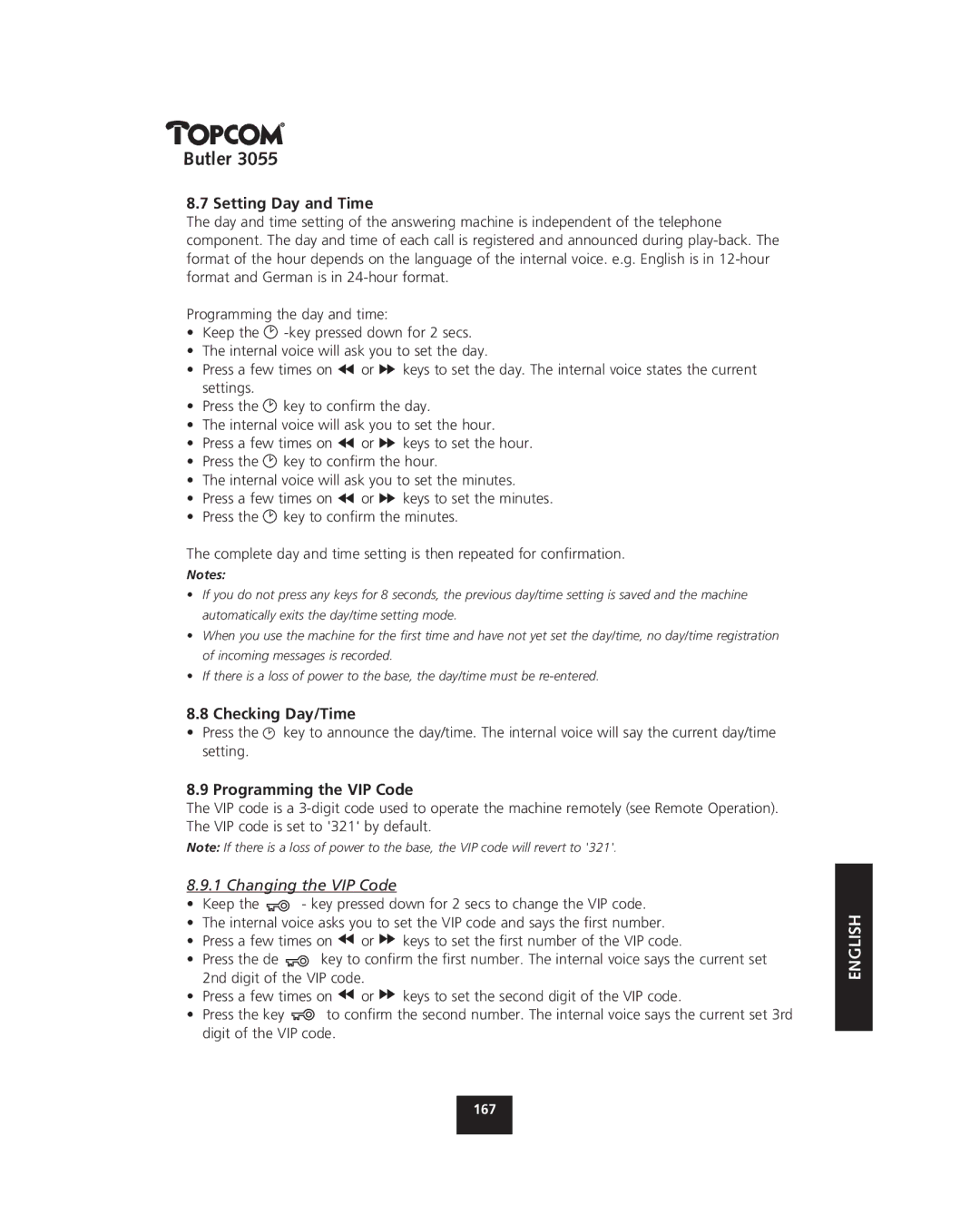 Topcom 3055 manual Setting Day and Time, Checking Day/Time, Programming the VIP Code, Changing the VIP Code 