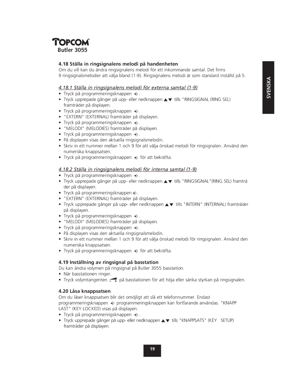 Topcom 3055 manual 18 Ställa in ringsignalens melodi på handenheten, 18.1 Ställa in ringsignalens melodi för externa samtal 