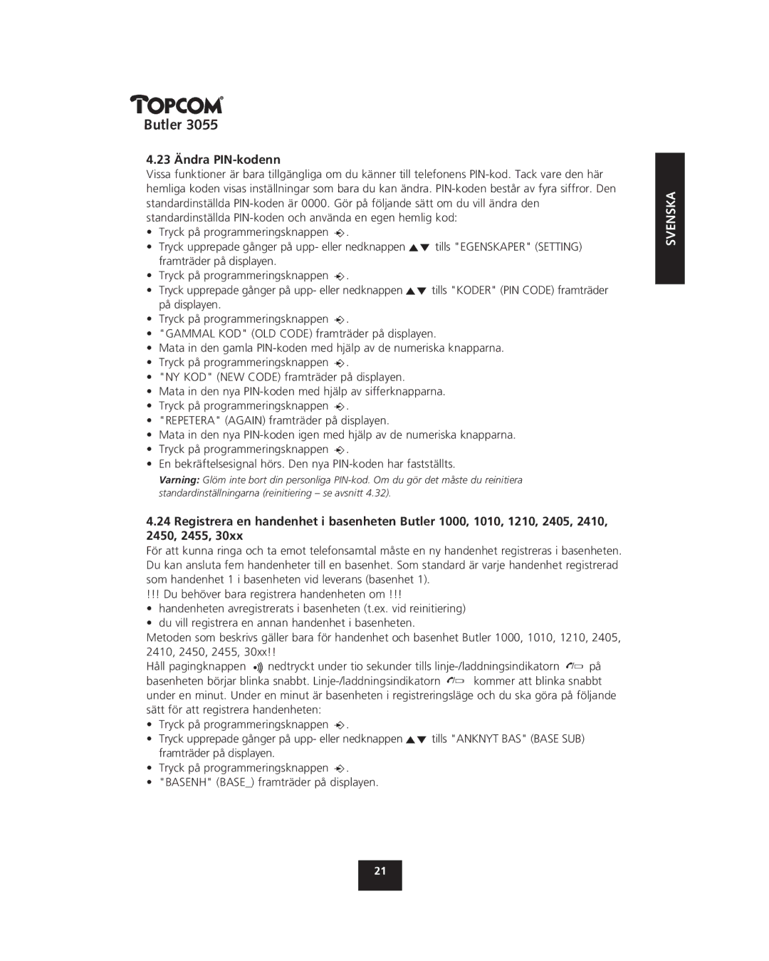 Topcom 3055 manual 23 Ändra PIN-kodenn 