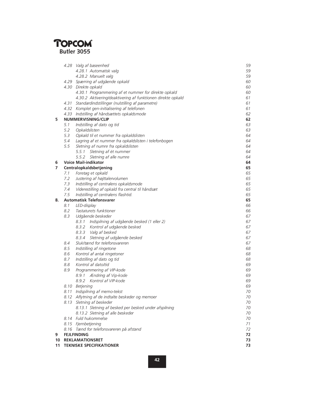 Topcom 3055 manual Fejlfinding Reklamationsret Tekniske Specifikationer 