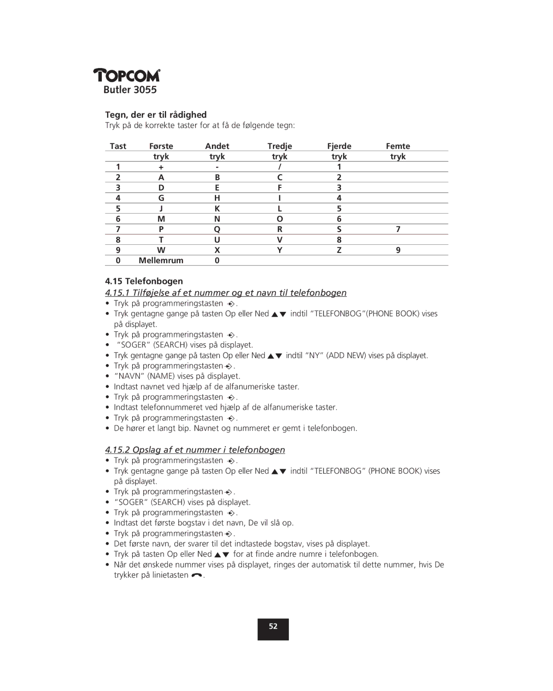 Topcom 3055 manual Tegn, der er til rådighed, Andet, Tryk, Telefonbogen 