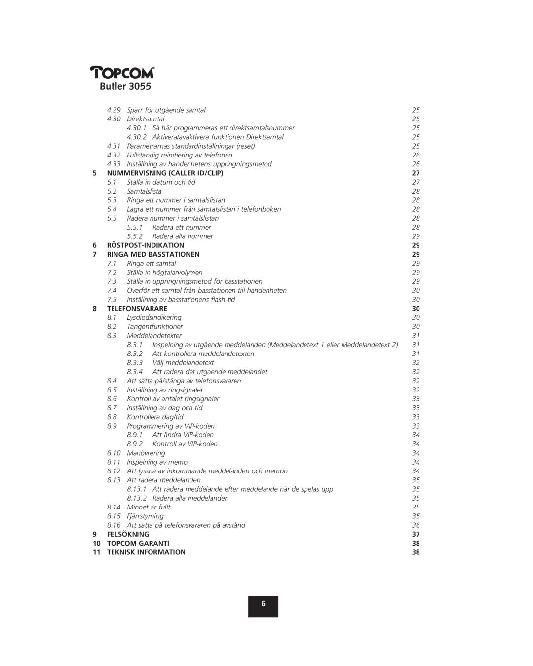 Topcom 3055 manual Felsökning Topcom Garanti Teknisk Information 