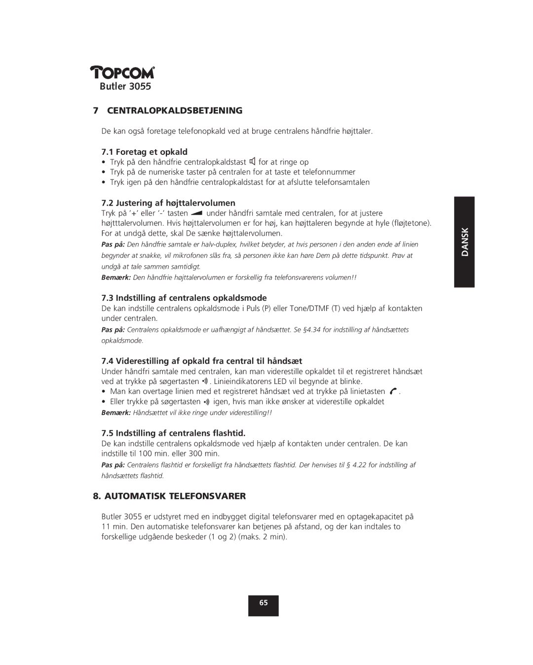 Topcom 3055 manual Centralopkaldsbetjening, Automatisk Telefonsvarer 