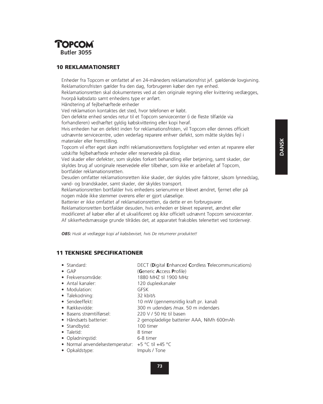 Topcom 3055 manual Reklamationsret, Tekniske Specifikationer 