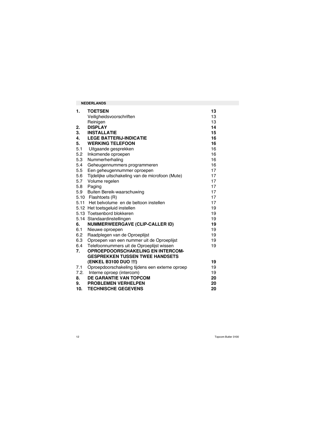 Topcom 3100 user manual Nummerweergave CLIP-CALLER ID, Nederlands 