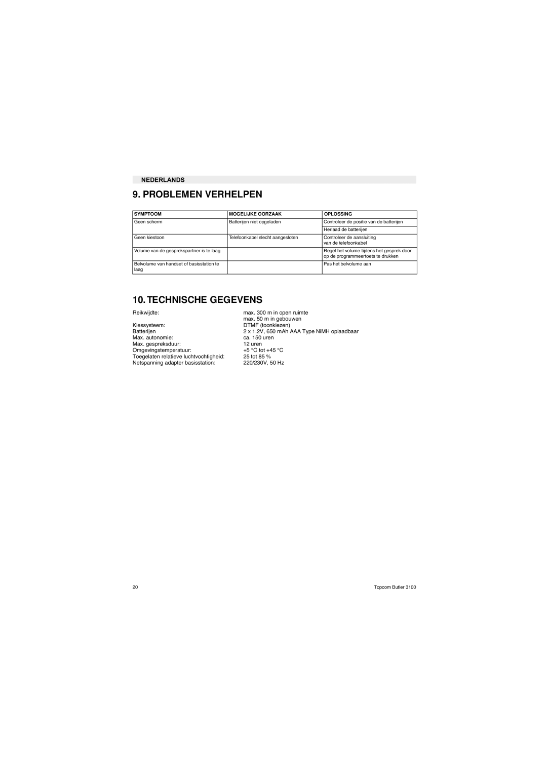 Topcom 3100 user manual Problemen Verhelpen, Technische Gegevens 