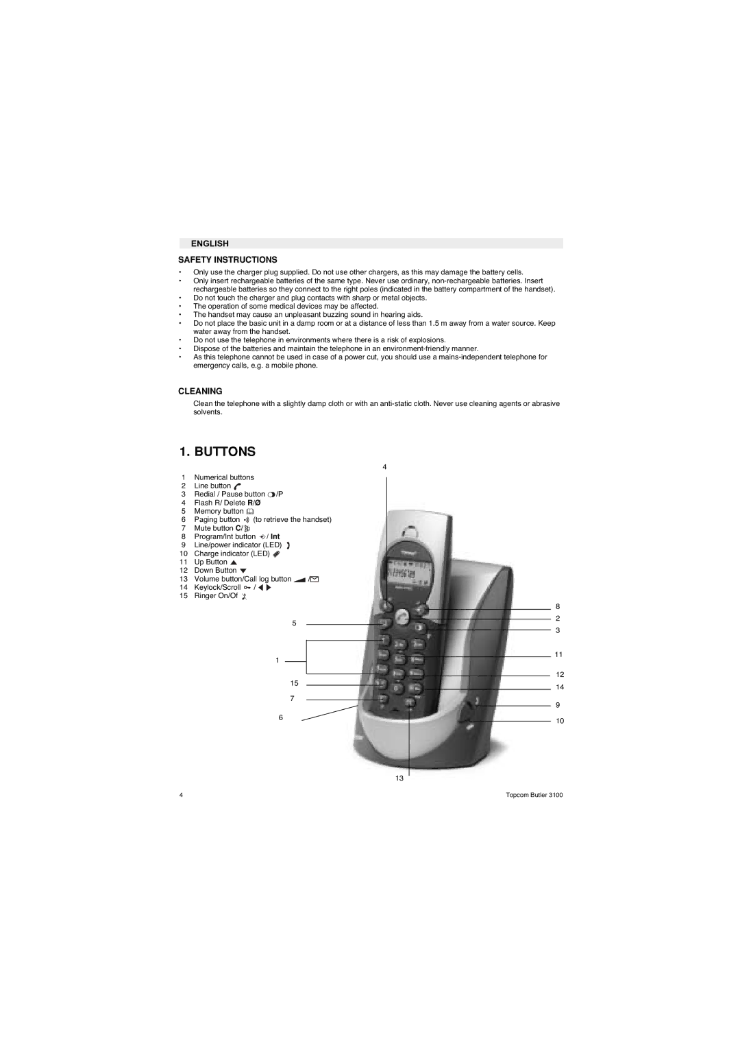 Topcom 3100 user manual Buttons, English Safety Instructions, Cleaning 