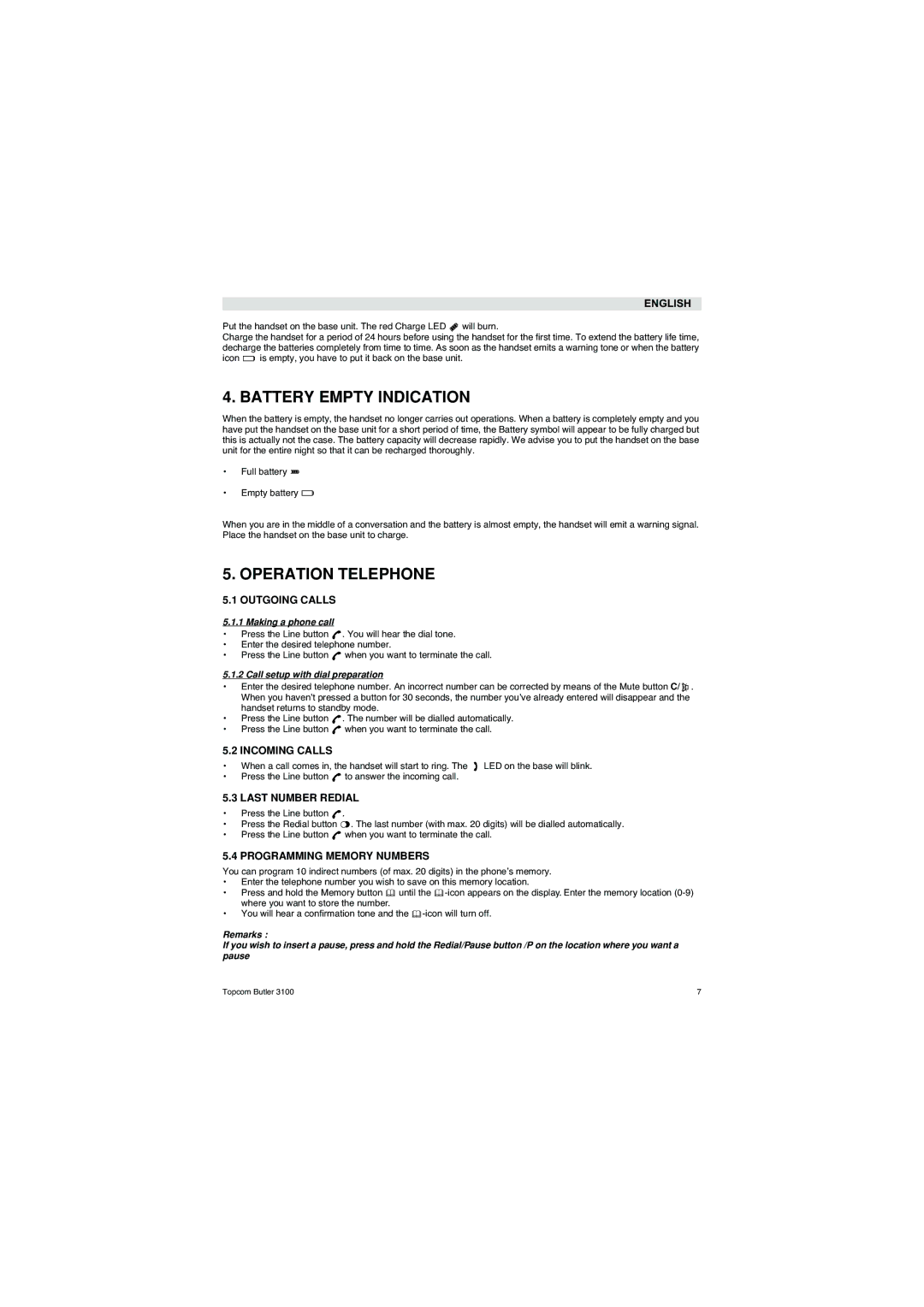 Topcom 3100 user manual Battery Empty Indication, Operation Telephone 