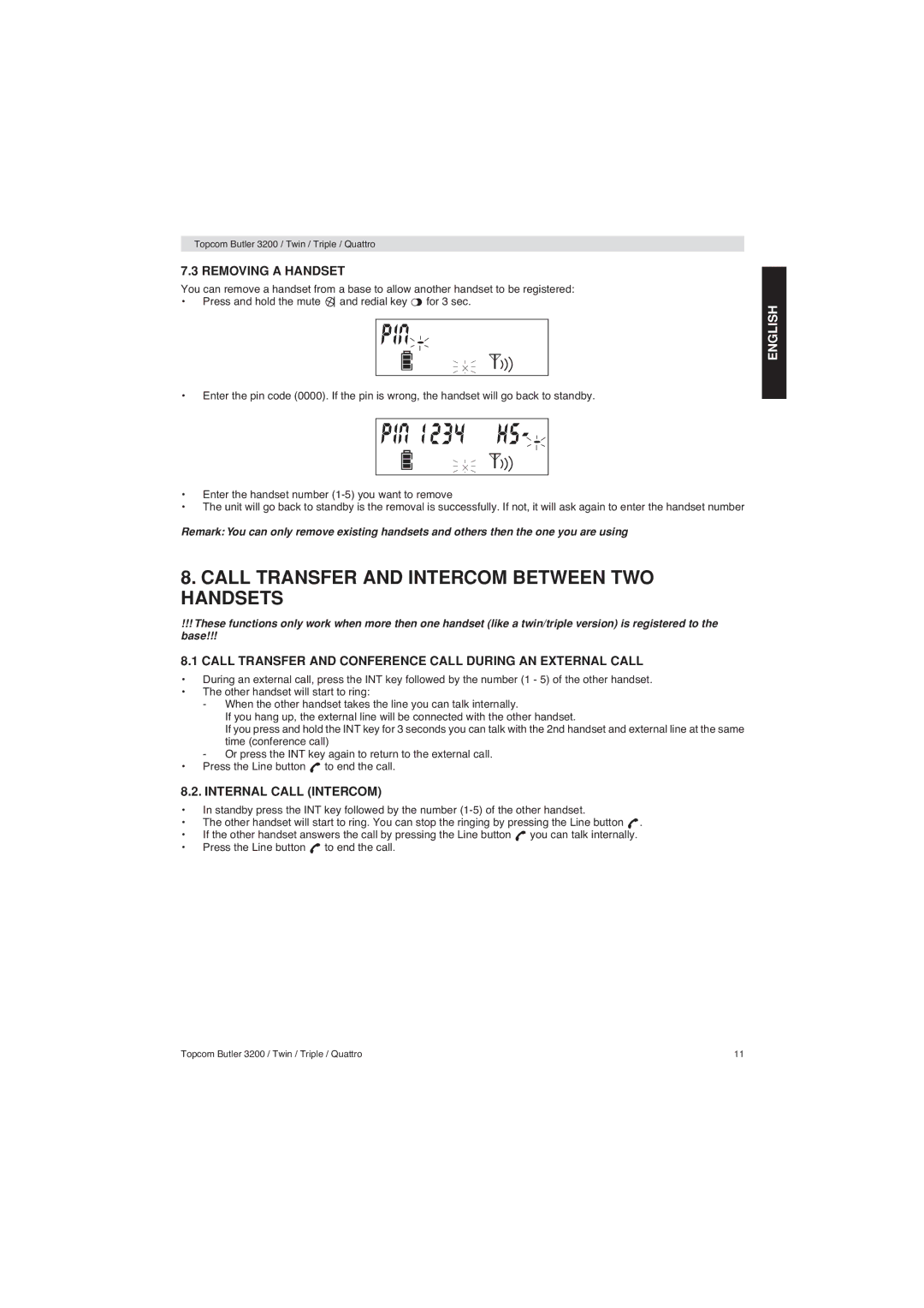 Topcom 3200 user manual Call Transfer and Intercom Between TWO Handsets, Removing a Handset, Internal Call Intercom 