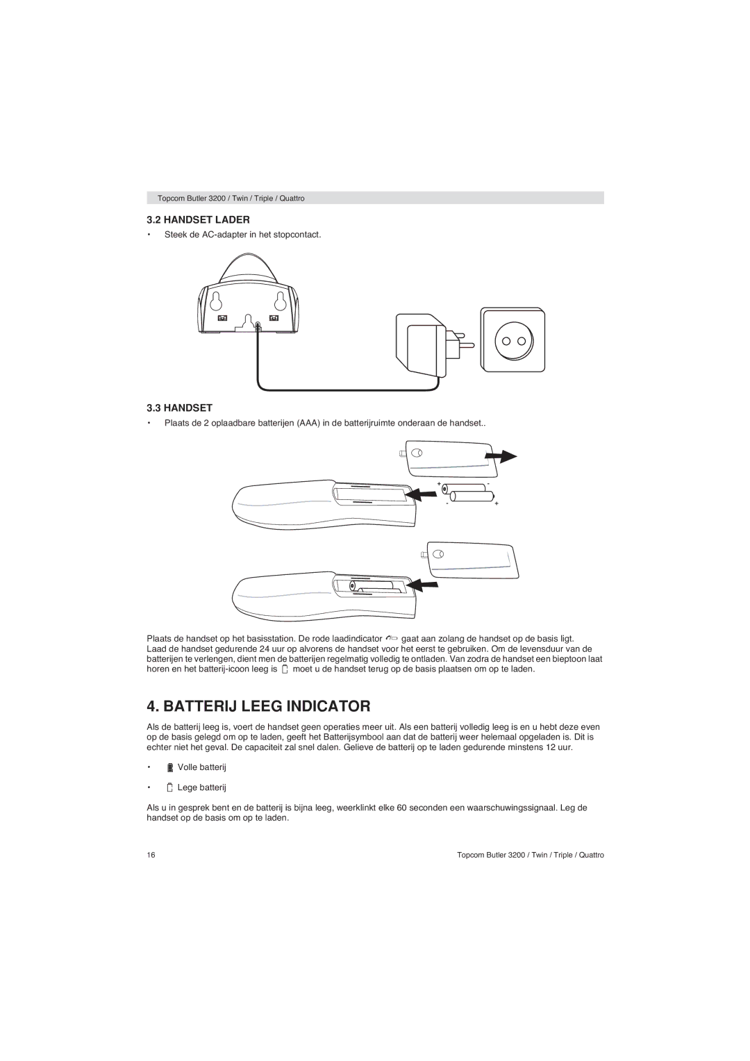 Topcom 3200 user manual Batterij Leeg Indicator, Handset Lader 