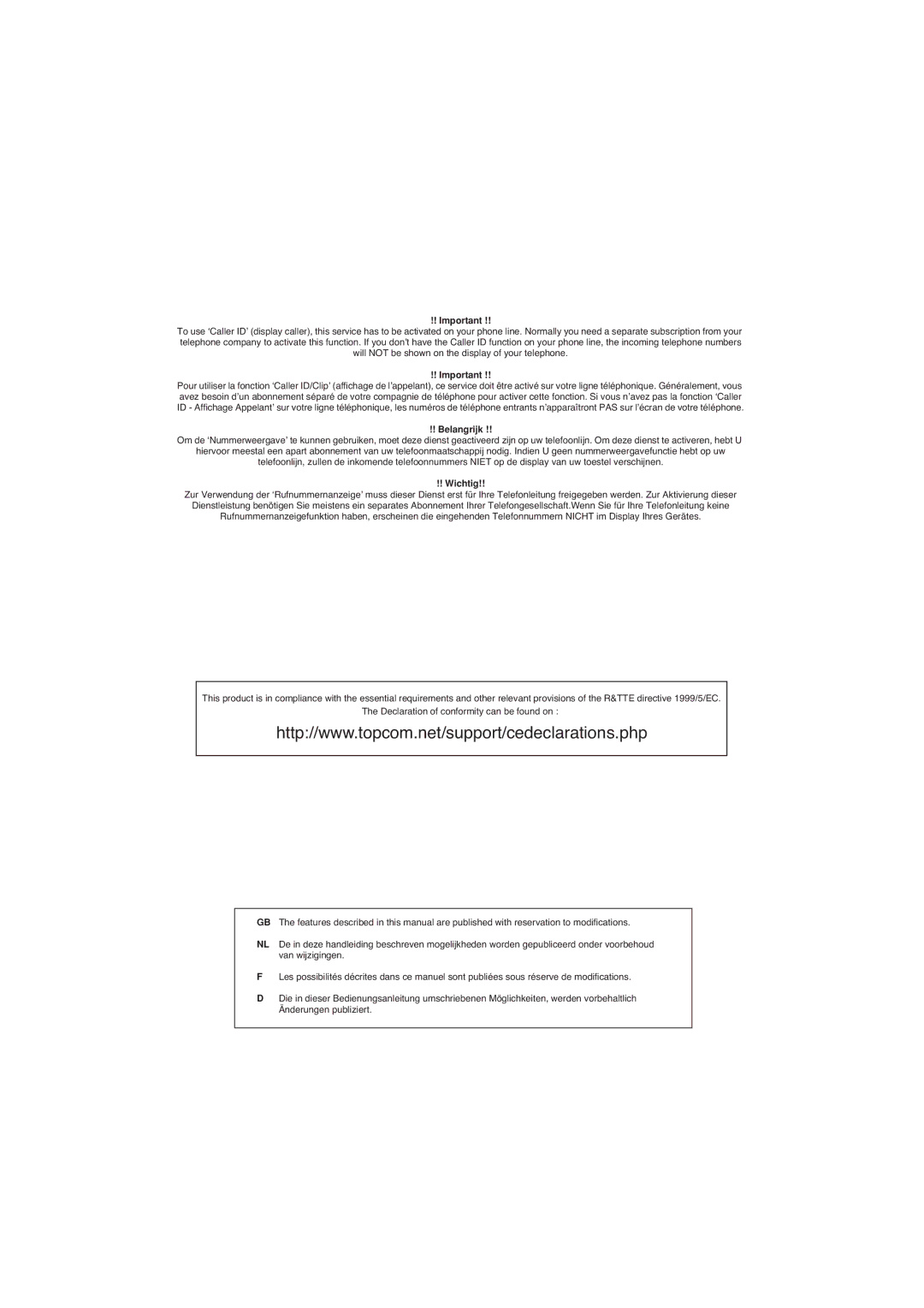 Topcom 3200 user manual Belangrijk 