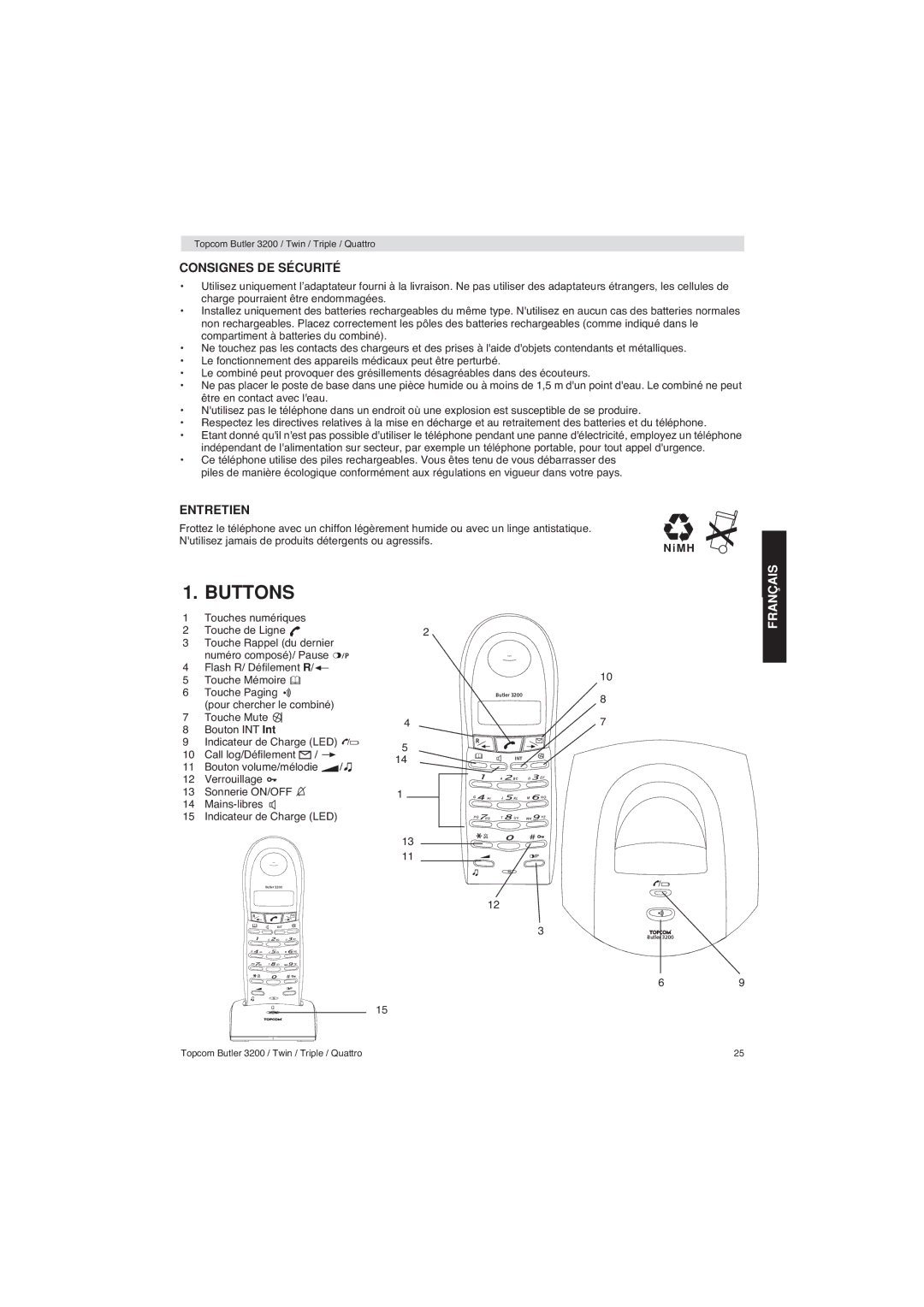 Topcom 3200 user manual Consignes DE Sécurité, Entretien 