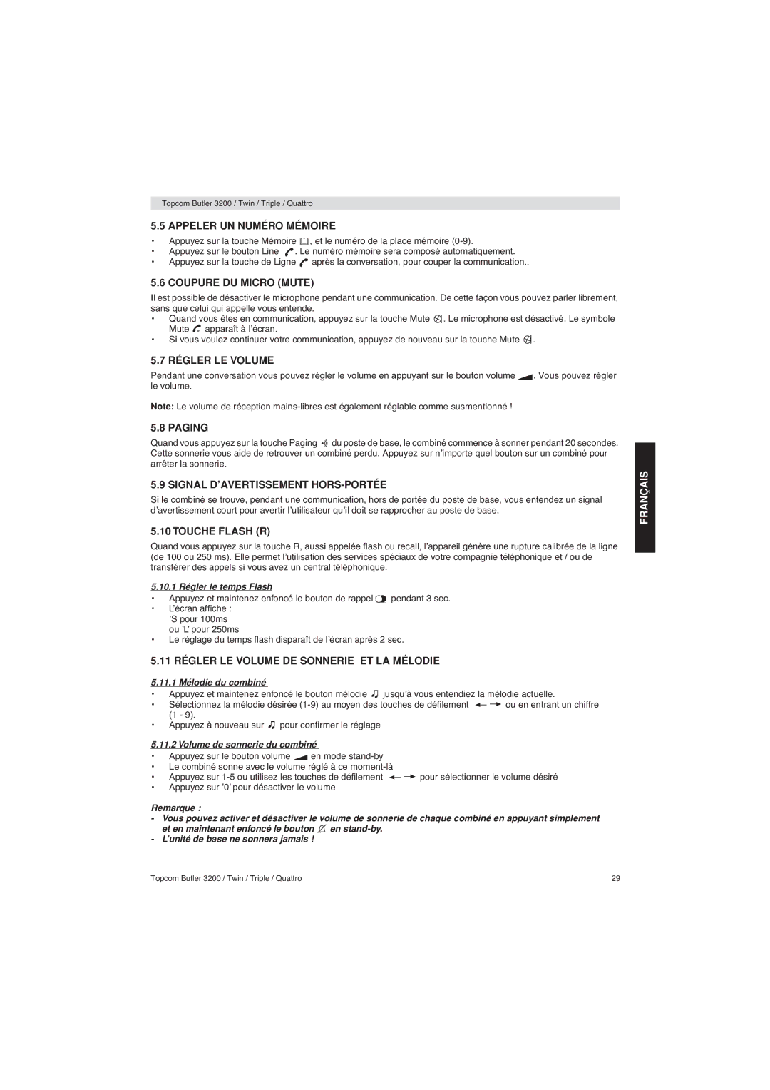 Topcom 3200 Appeler UN Numéro Mémoire, Coupure DU Micro Mute, Régler LE Volume, Signal D’AVERTISSEMENT HORS-PORTÉE 