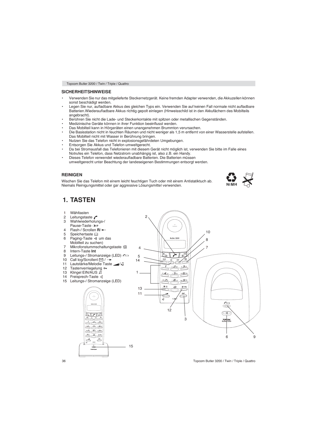 Topcom 3200 user manual Tasten, Sicherheitshinweise 