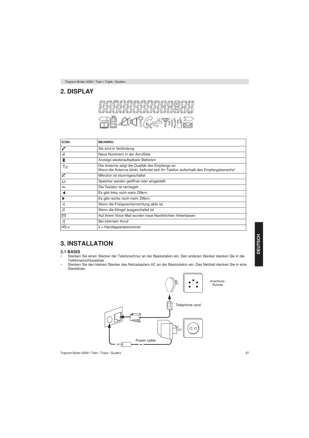 Topcom 3200 user manual Basis, Deutsch 