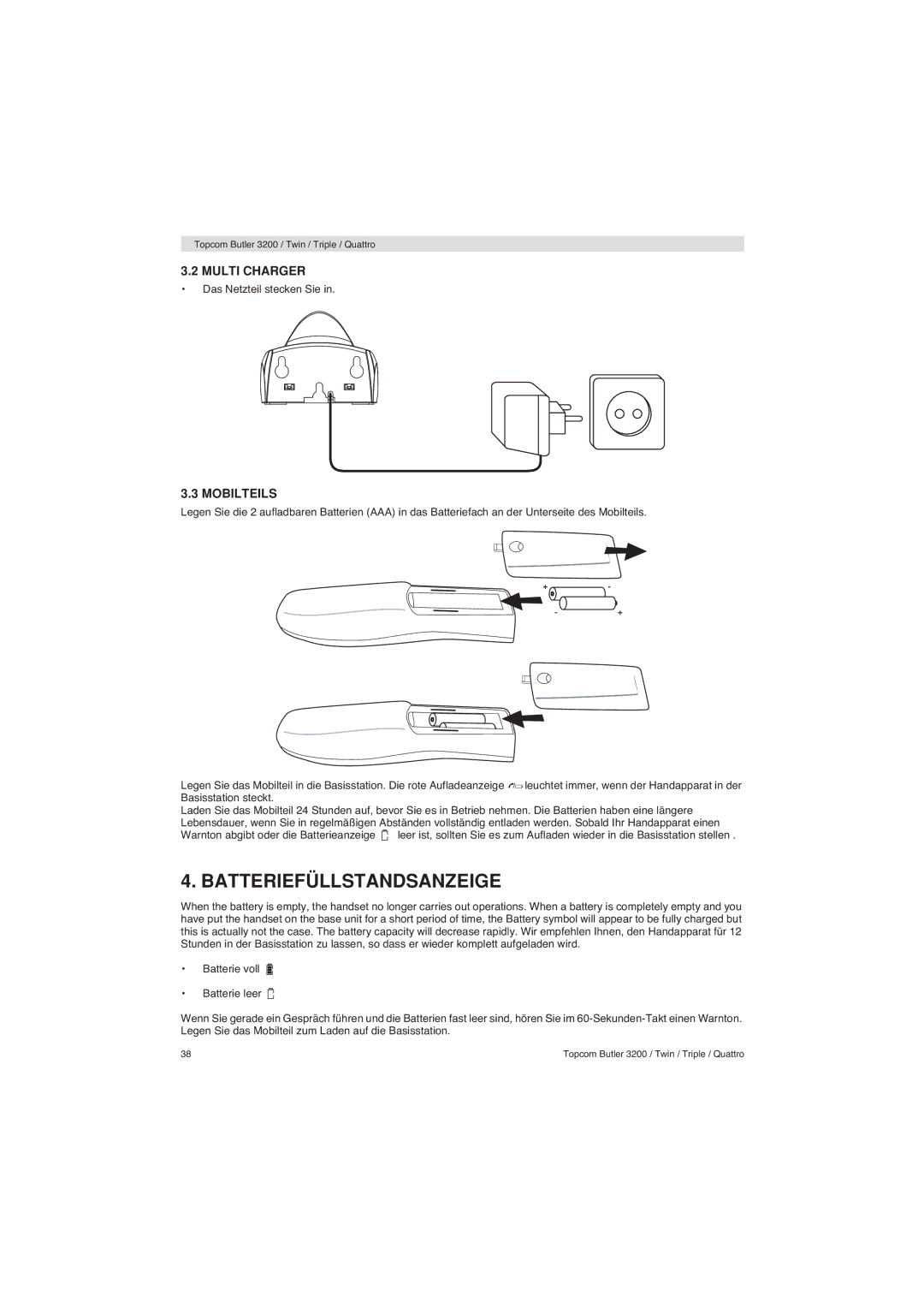 Topcom 3200 user manual Batteriefüllstandsanzeige, Mobilteils 