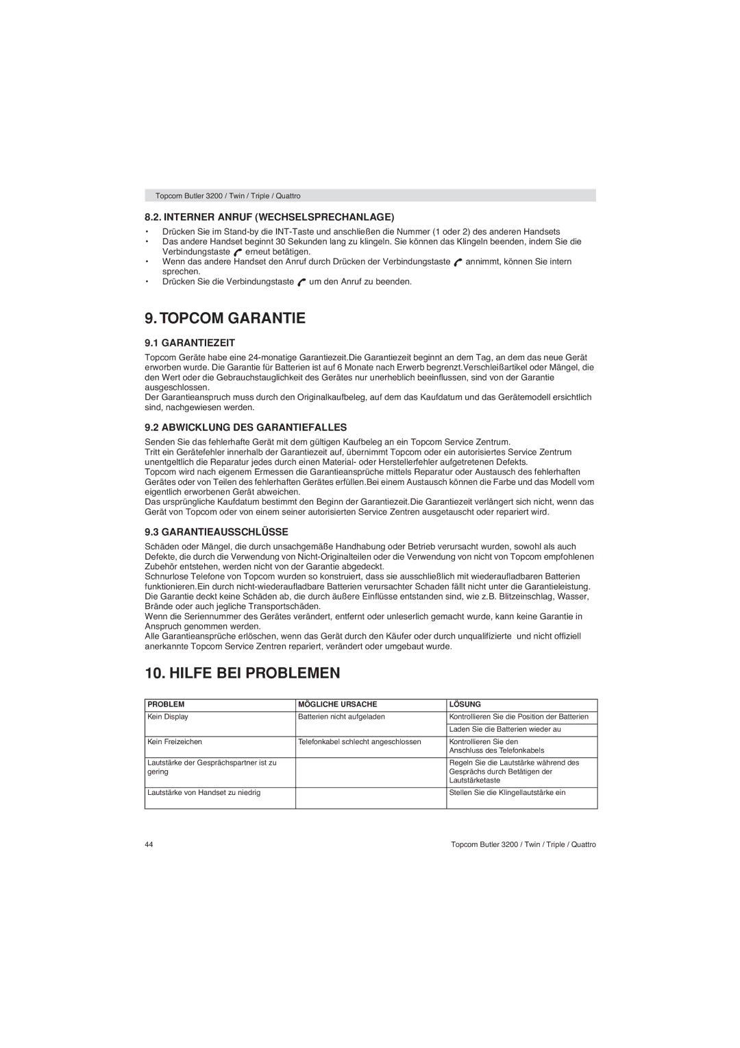 Topcom 3200 user manual Topcom Garantie, Hilfe BEI Problemen 