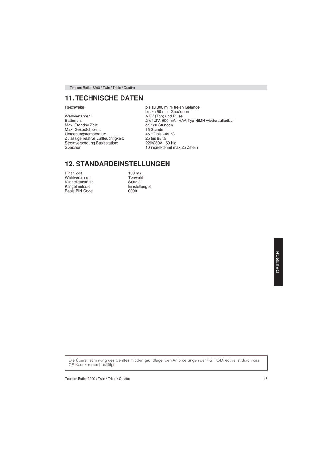 Topcom 3200 user manual Technische Daten, Standardeinstellungen 