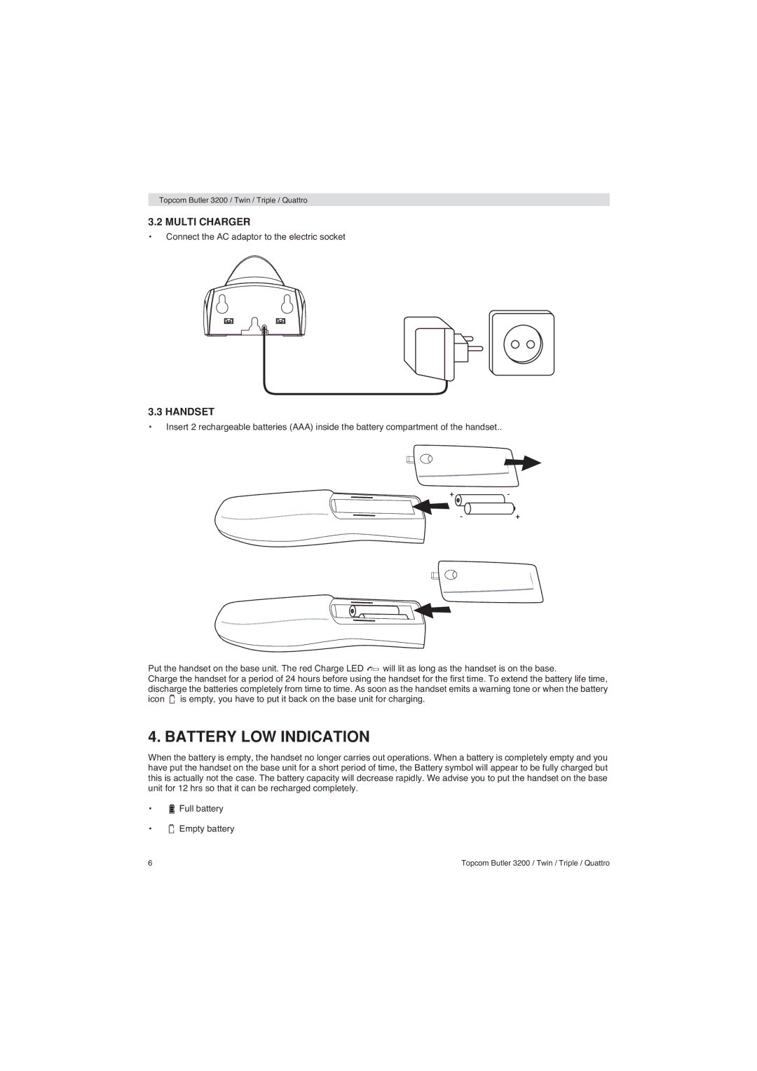 Topcom 3200 user manual Battery LOW Indication, Multi Charger, Handset 