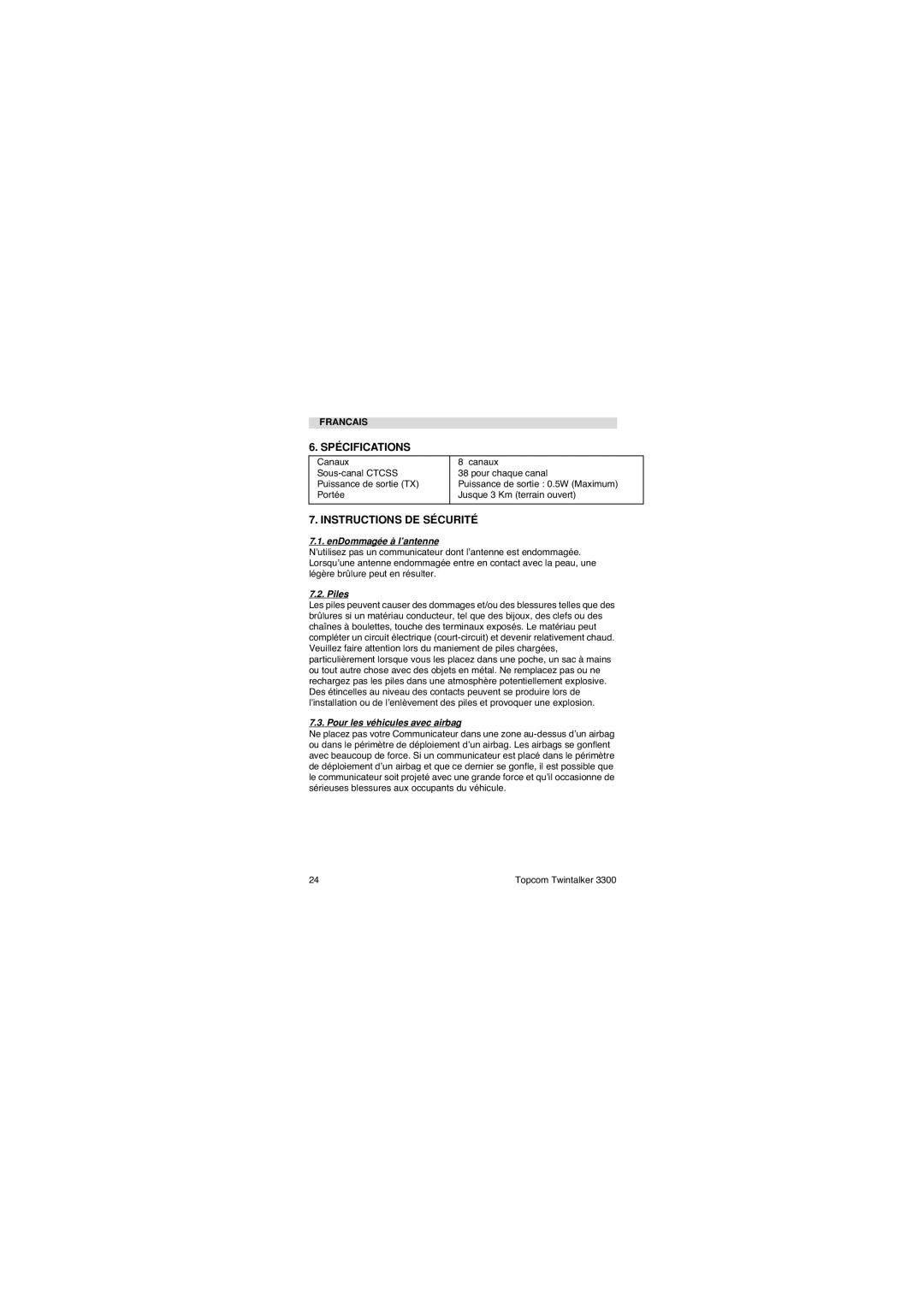 Topcom 3300 Spécifications, Instructions DE Sécurité, EnDommagée à l’antenne, Piles, Pour les véhicules avec airbag 