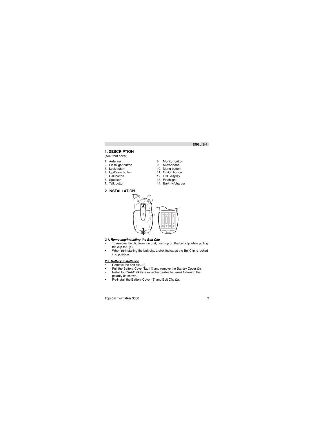 Topcom 3300 user manual Description, Removing/Installing the Belt Clip, Battery Installation 