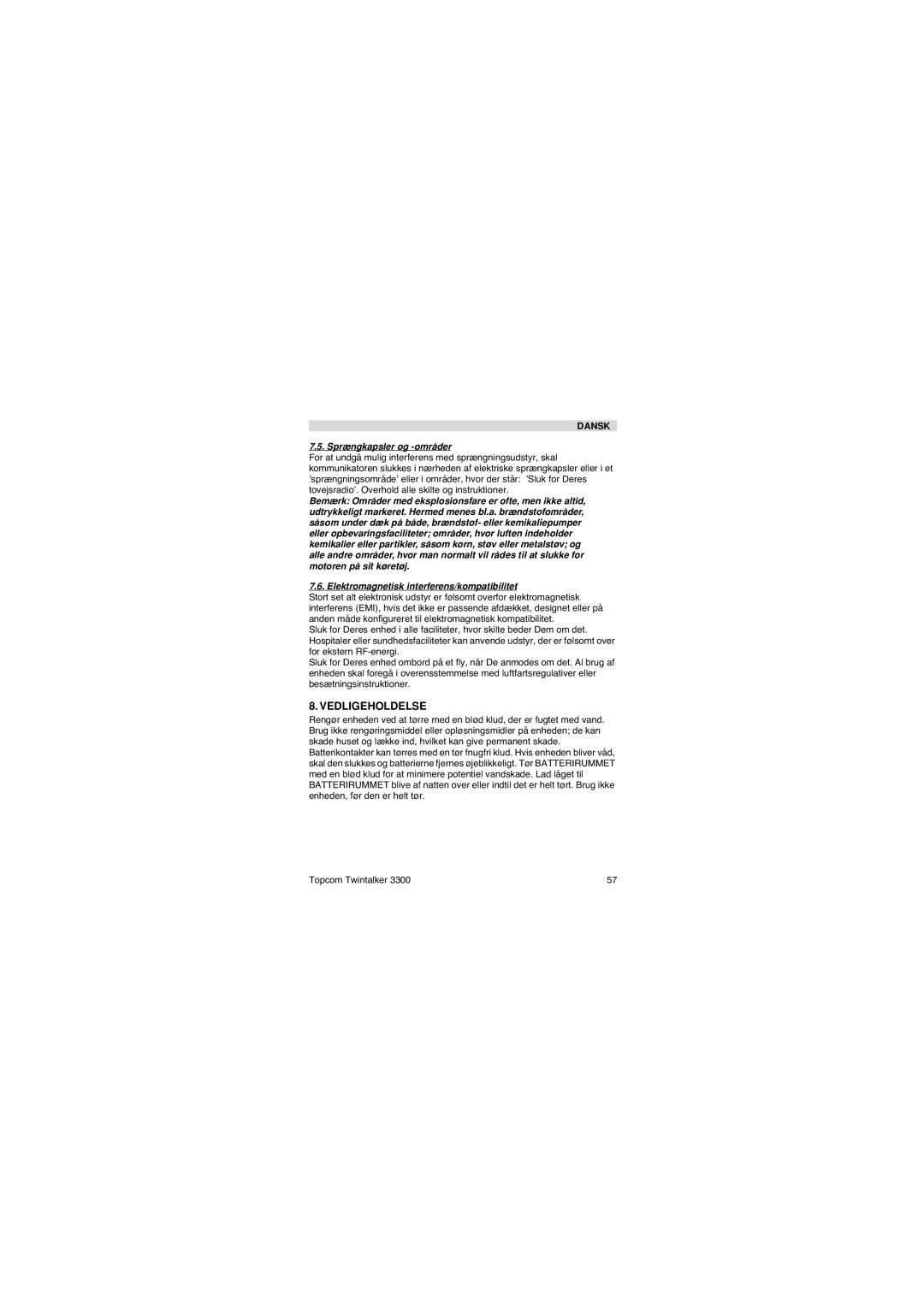 Topcom 3300 user manual Vedligeholdelse, Sprængkapsler og -områder 